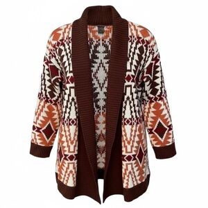 Madison Lilly Geometric Patterned Brown and Cream Open Cardigan Sweater